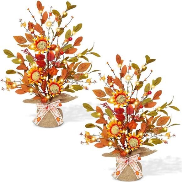 18-Inch Prelit Fall Maple Tree w/ Lights - Battery Operated Sunflowers & Pumpkin - Picture 1 of 7